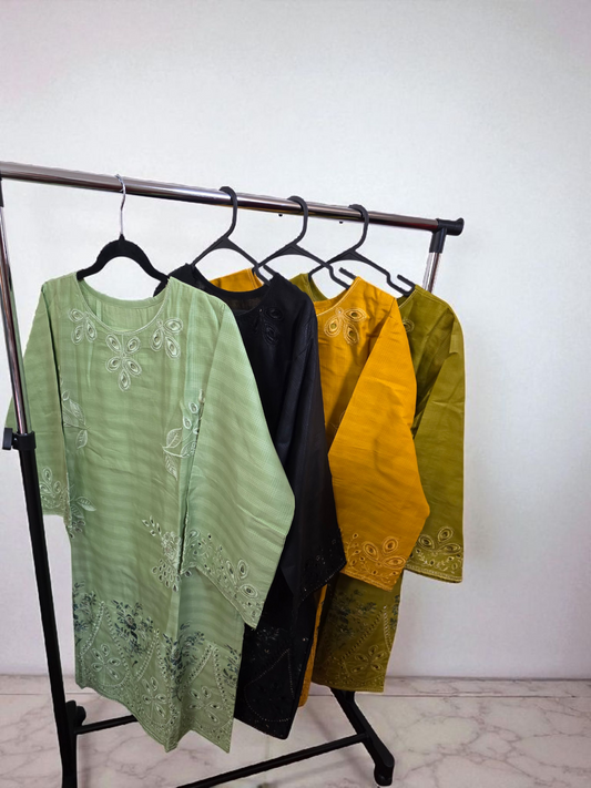 2pc Embroidered coord asian set with plain trousers