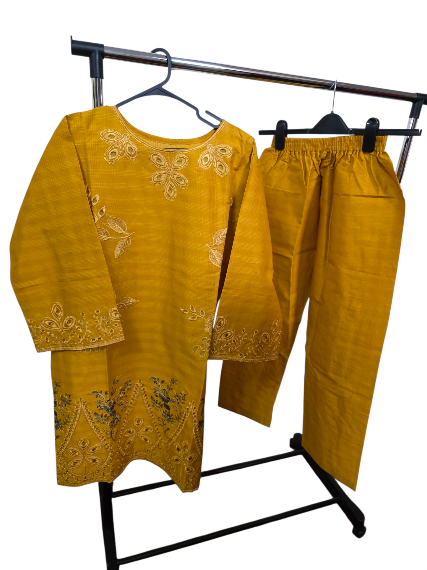 2pc Embroidered coord asian set with plain trousers