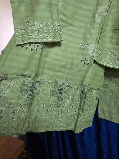 2pc Embroidered coord asian set with plain trousers